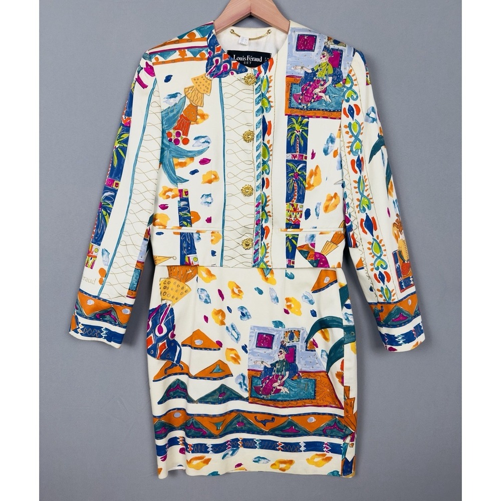 Vintage Louis Féraud Jacket Dress Set Cotton Print 80s 90s